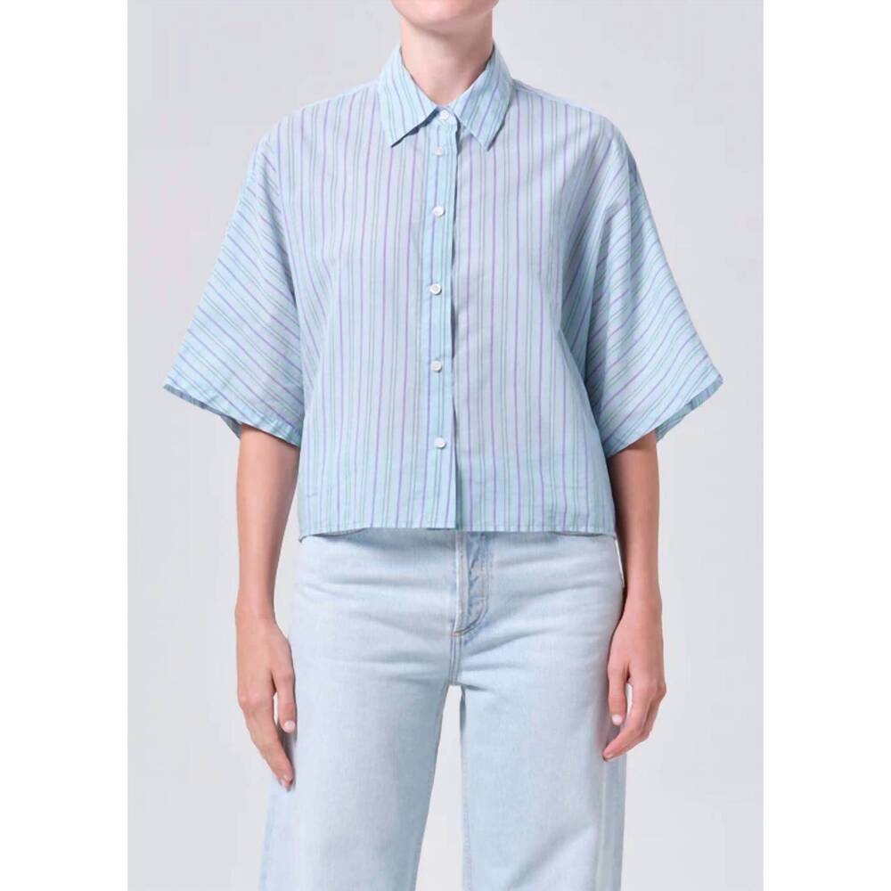 NEW AGOLDE merrin shirt in wirrel stripe powder blue